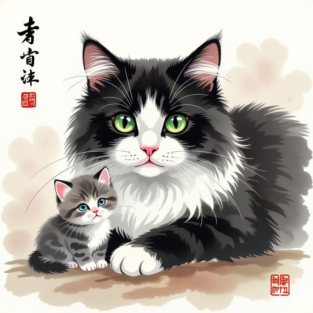 Persian Cat and Kitten in Chinese Ink Style