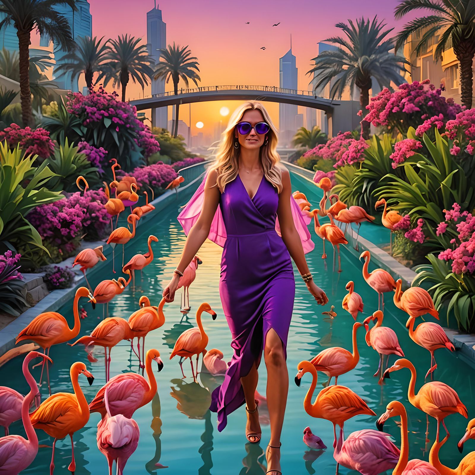 Woman Walking Flamingos in Dubai Sunset Art