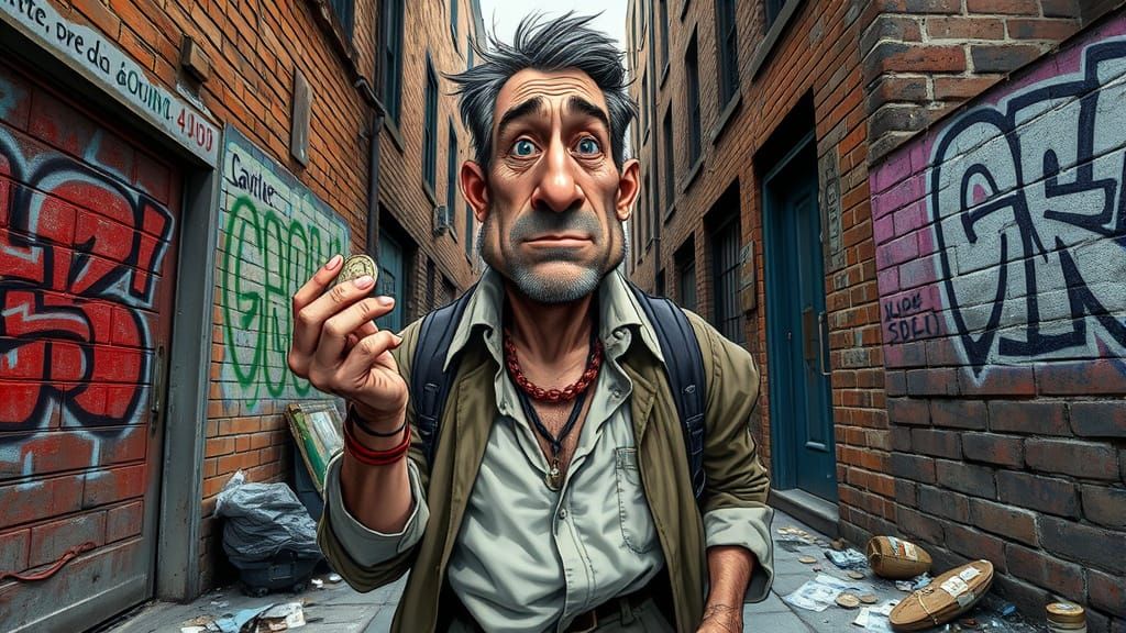 Satirical Urbanite Scatters Coins in Gritty Alleyway