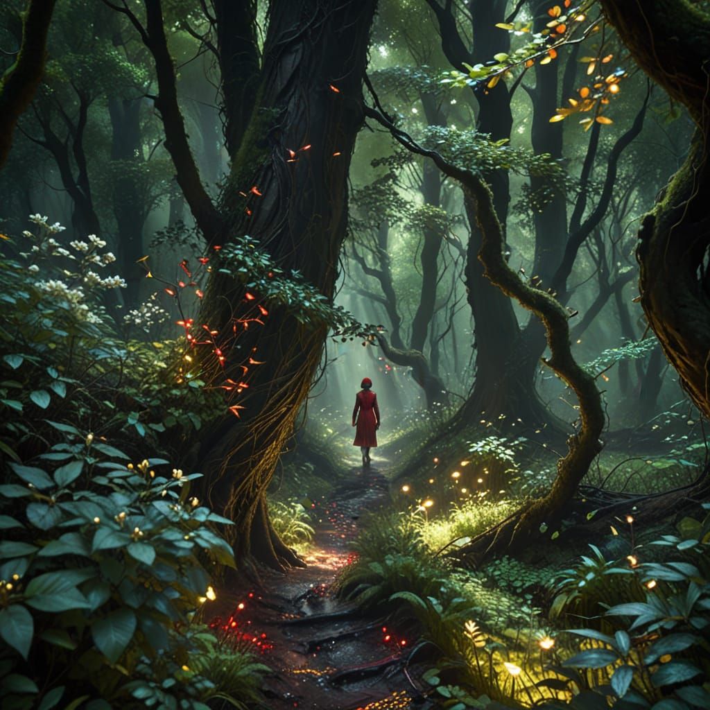 Ethereal Figure Walks Through a Twisted, Dappled Forest