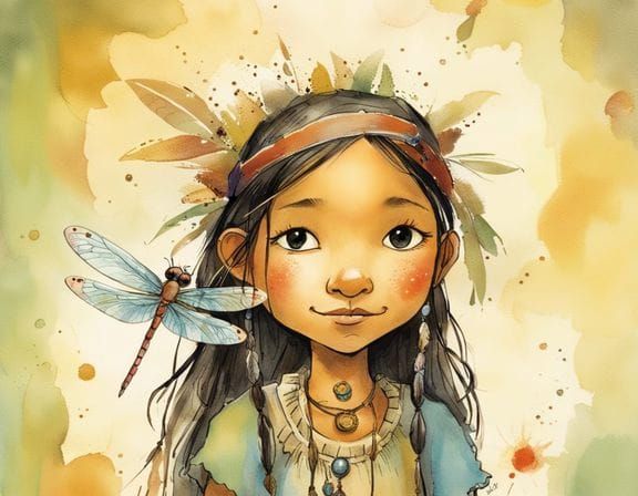 Native American Girl with Dragonfly in Whimsical Style