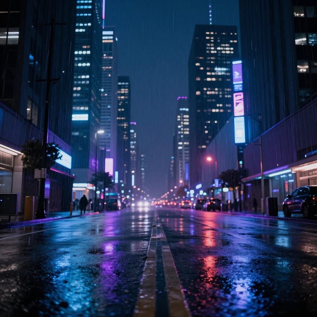 Cyberpunk City at Night in Heavy Rain