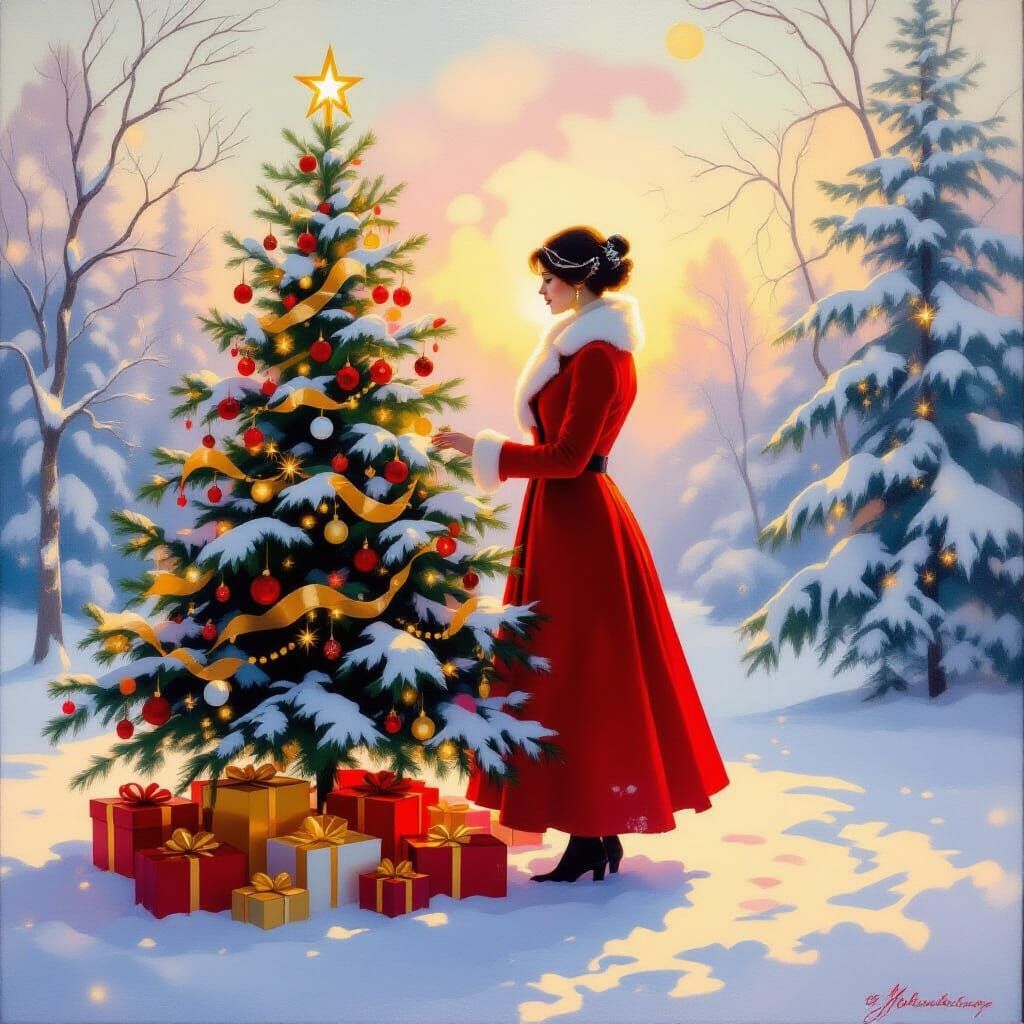 Woman in Crimson Coat by Christmas Tree