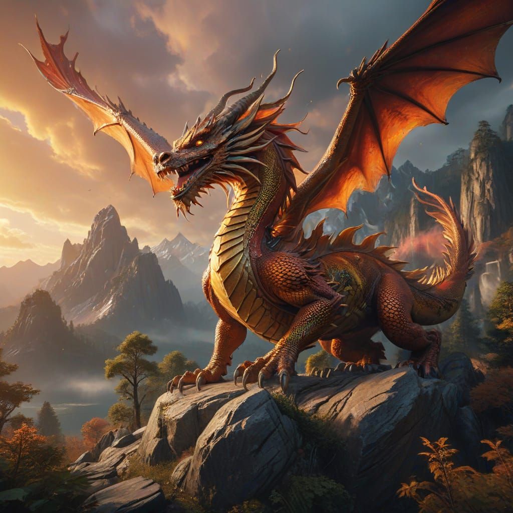 Vibrant Chinese Dragon in Sunset Glory Over Majestic Mountai...