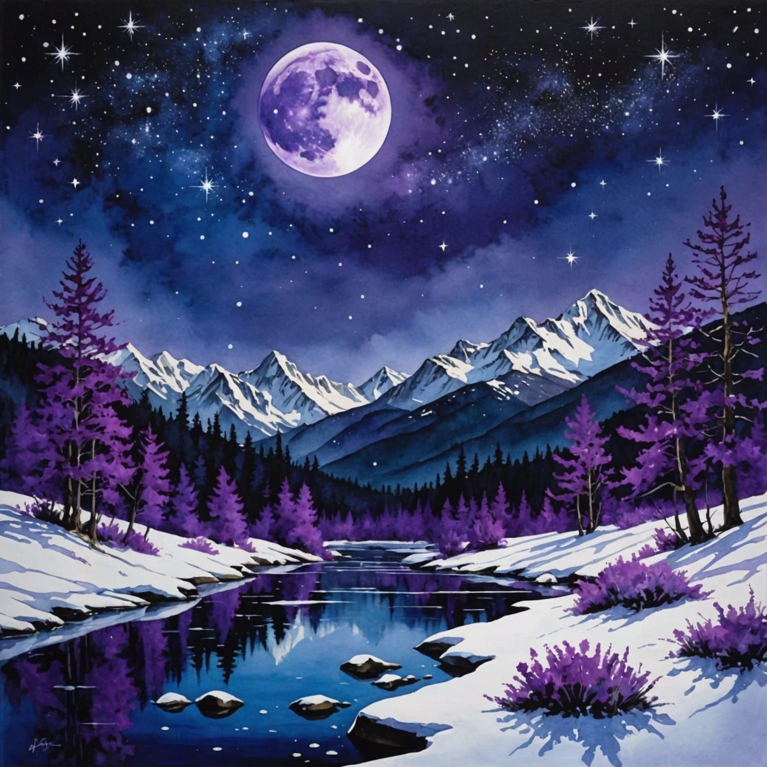 Purple Moon Over Winter Creek: Watercolor Masterpiece