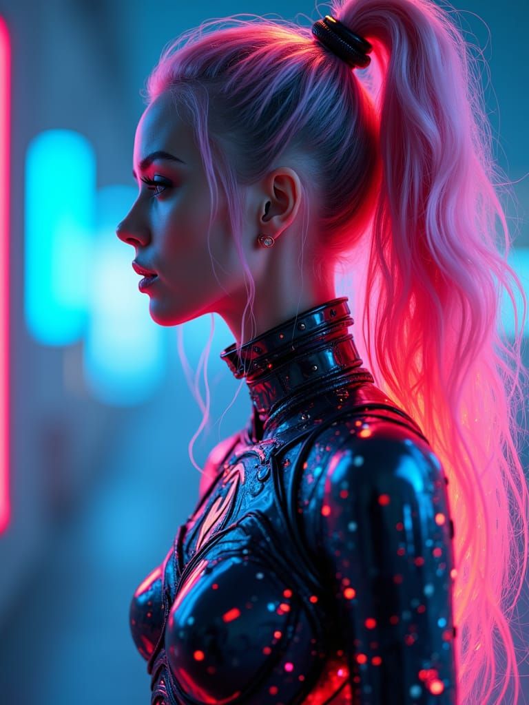 Futuristic Woman in Cybernetic Suit with Neon Hair