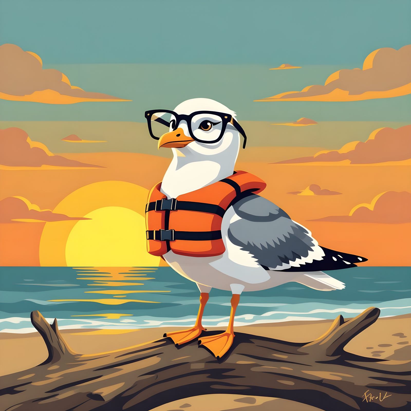 Seagull Wearing Glasses on Beach Log