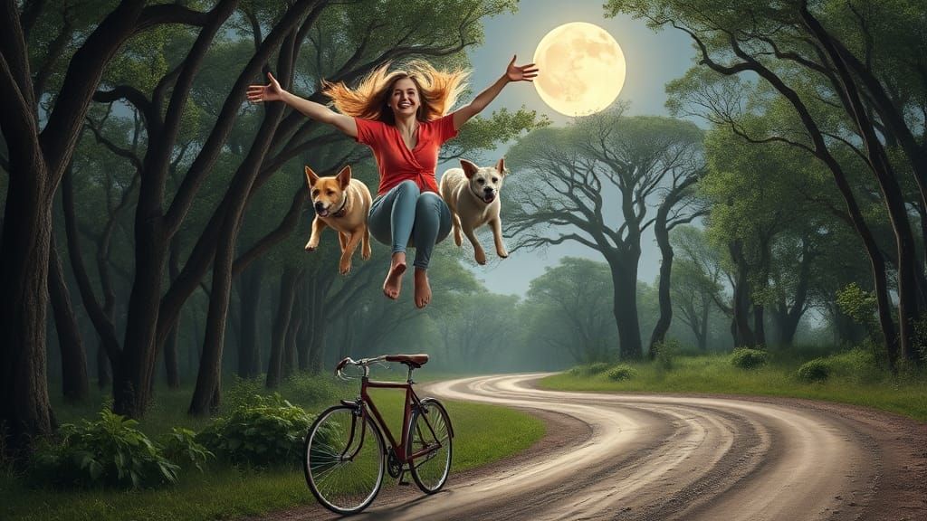 Woman Soaring with Dogs in Magical Forest