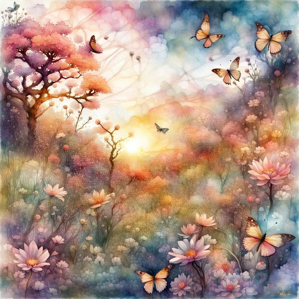 Cosmic Garden Summerscape in Watercolor Style