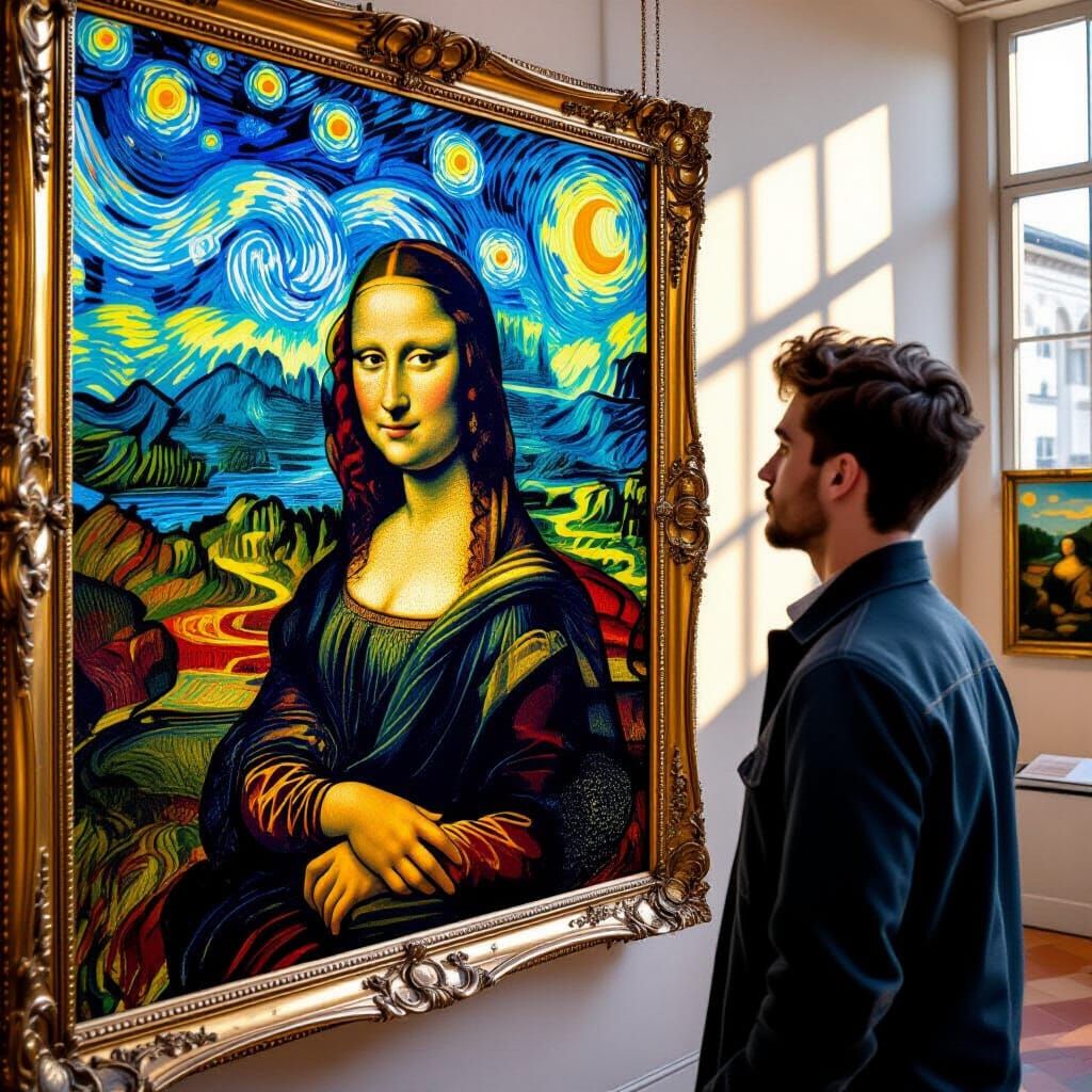 Van Gogh's Mona Lisa Viewed by Young Man in Museum