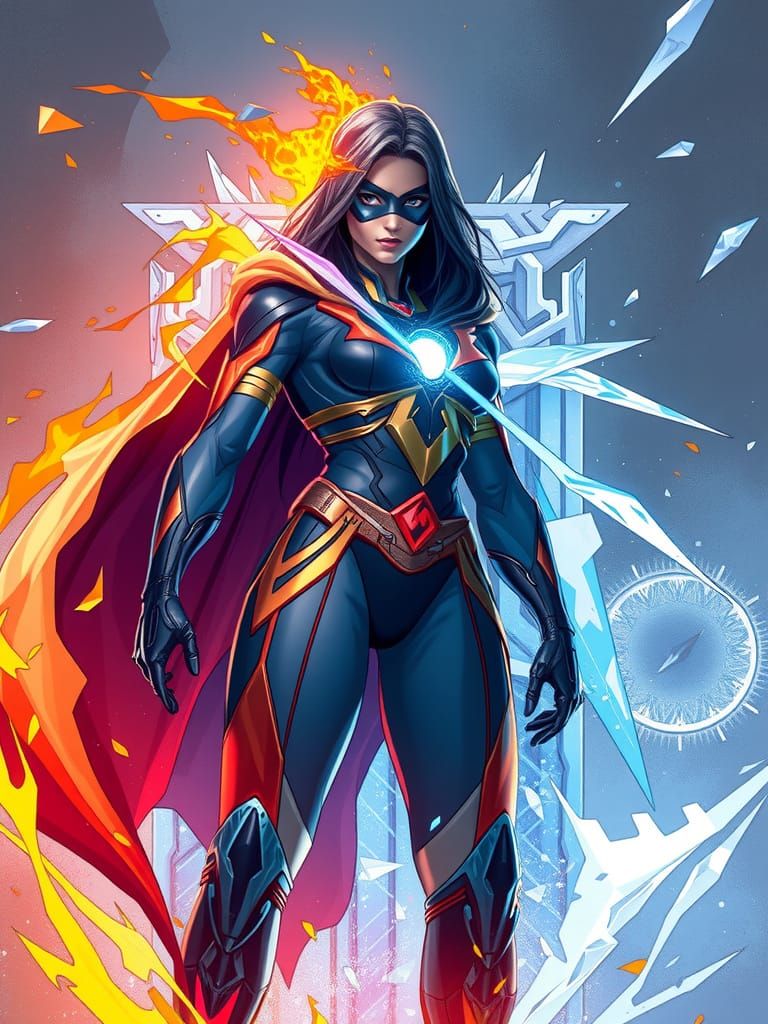 Fiery Ice Superheroine in Futuristic Digital Art