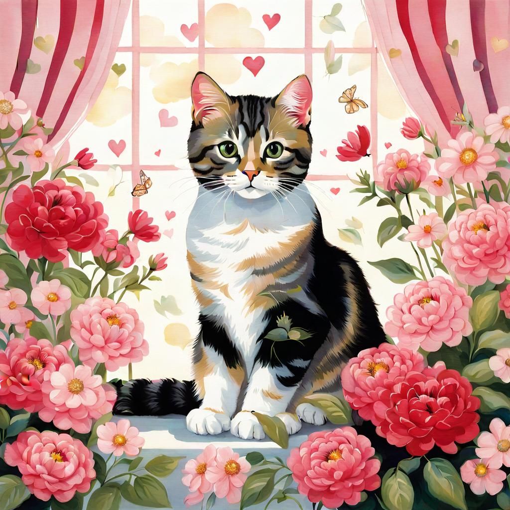 Cozy Cat in Floral Wonderland in Pastel Art Style