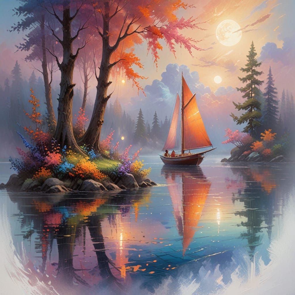 Sailboat on Twilight Lake: Impressionist Gouache Painting