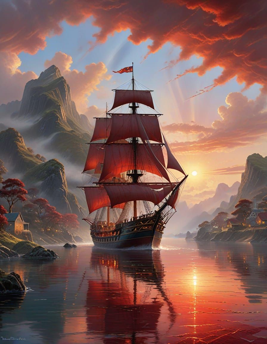 Crimson Sails on Calm Water at Sunset