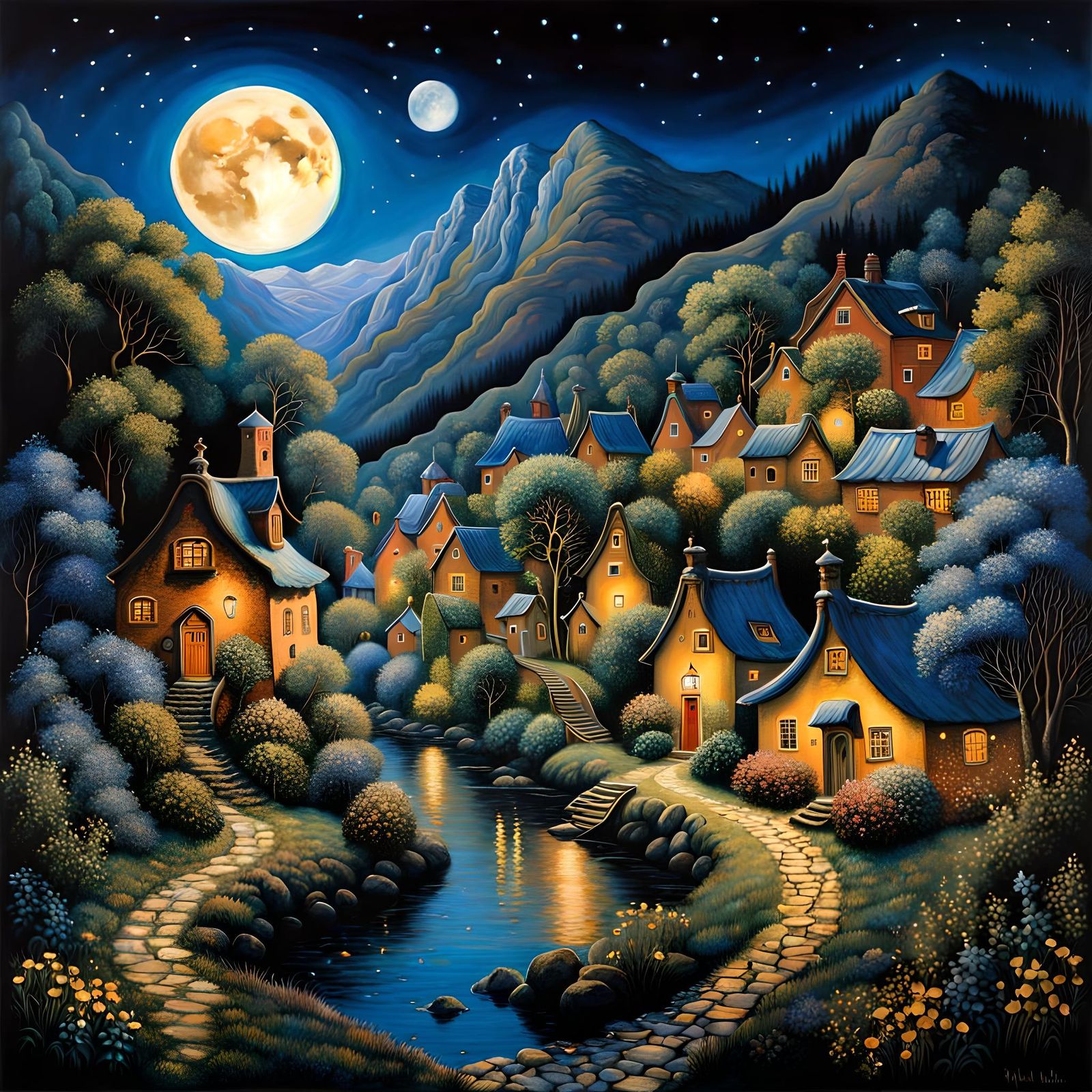 Enchanted Village at Night in Art Nouveau Style