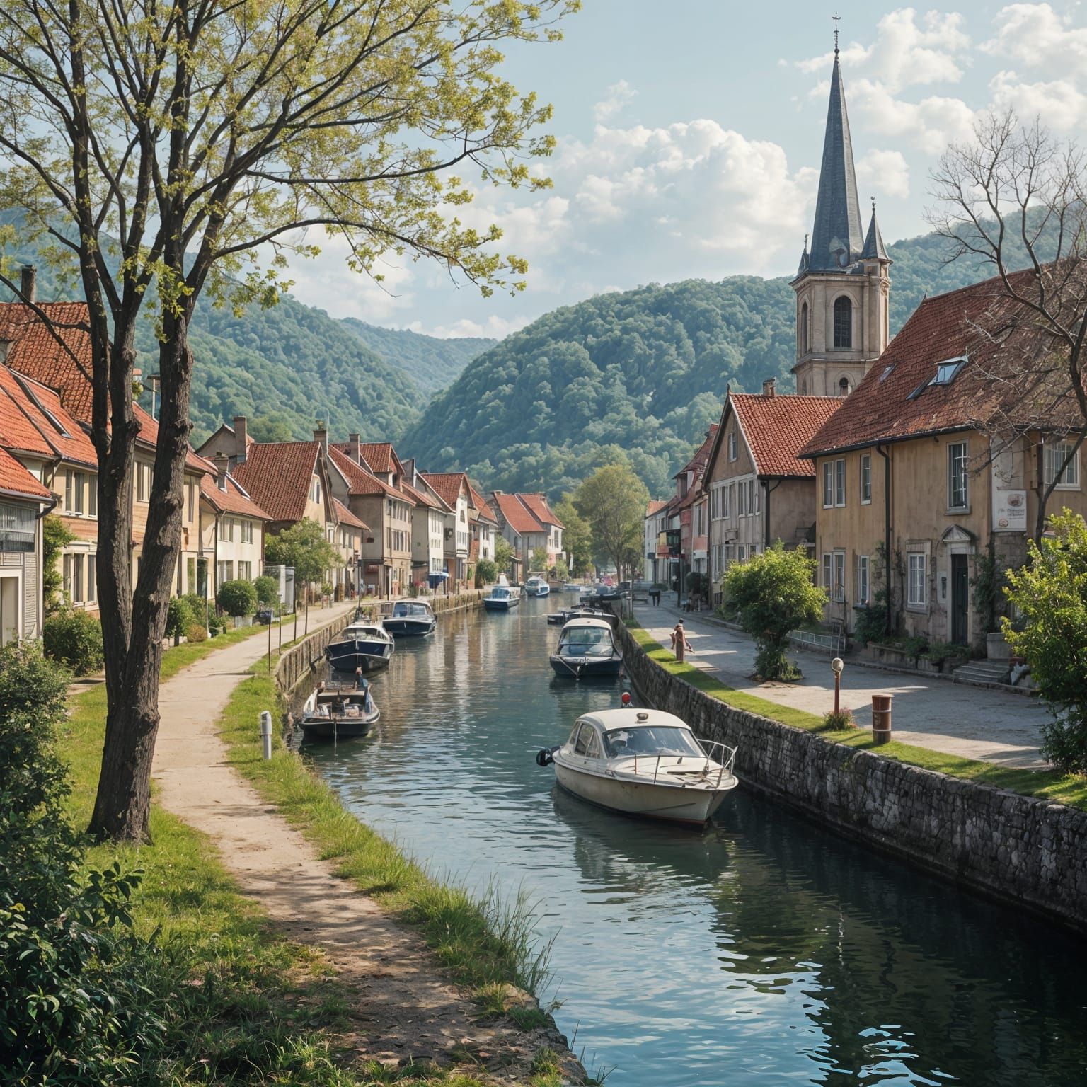 Dreamy Waterway Scene in a Whimsical Art Style