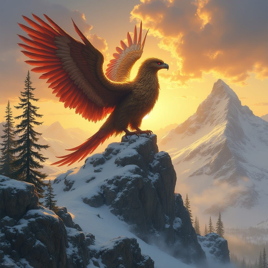 Griffin Perched Atop Mountain Peak in Hyperrealistic Style