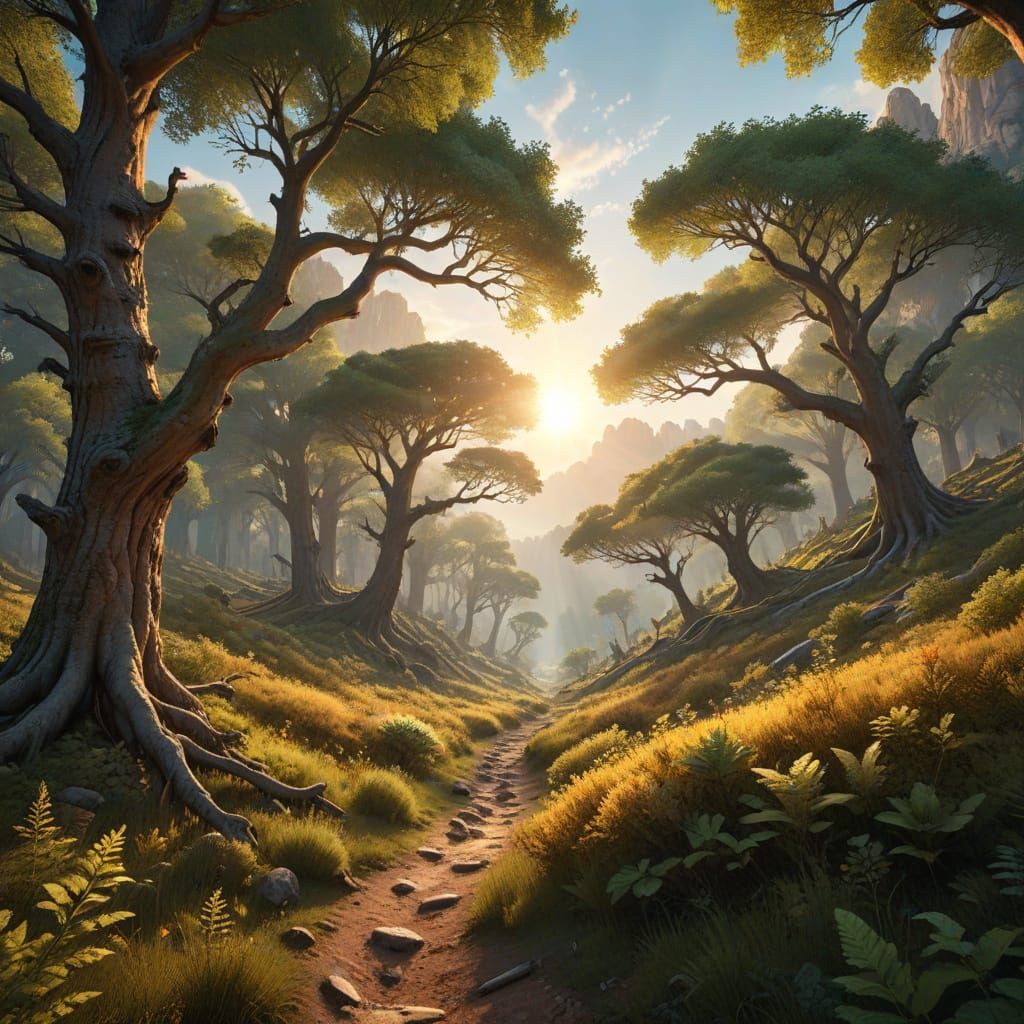 Majestic Ancient Forest Landscape at Golden Hour