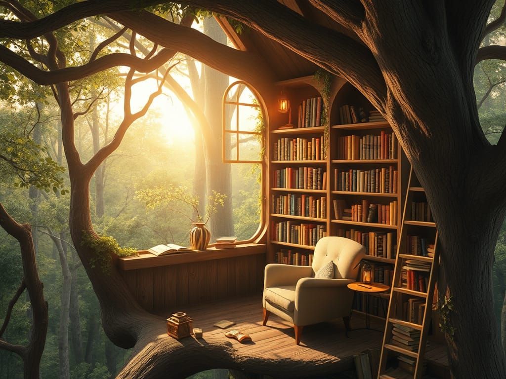 Magical Reading Treehouse Bathed in Golden Light