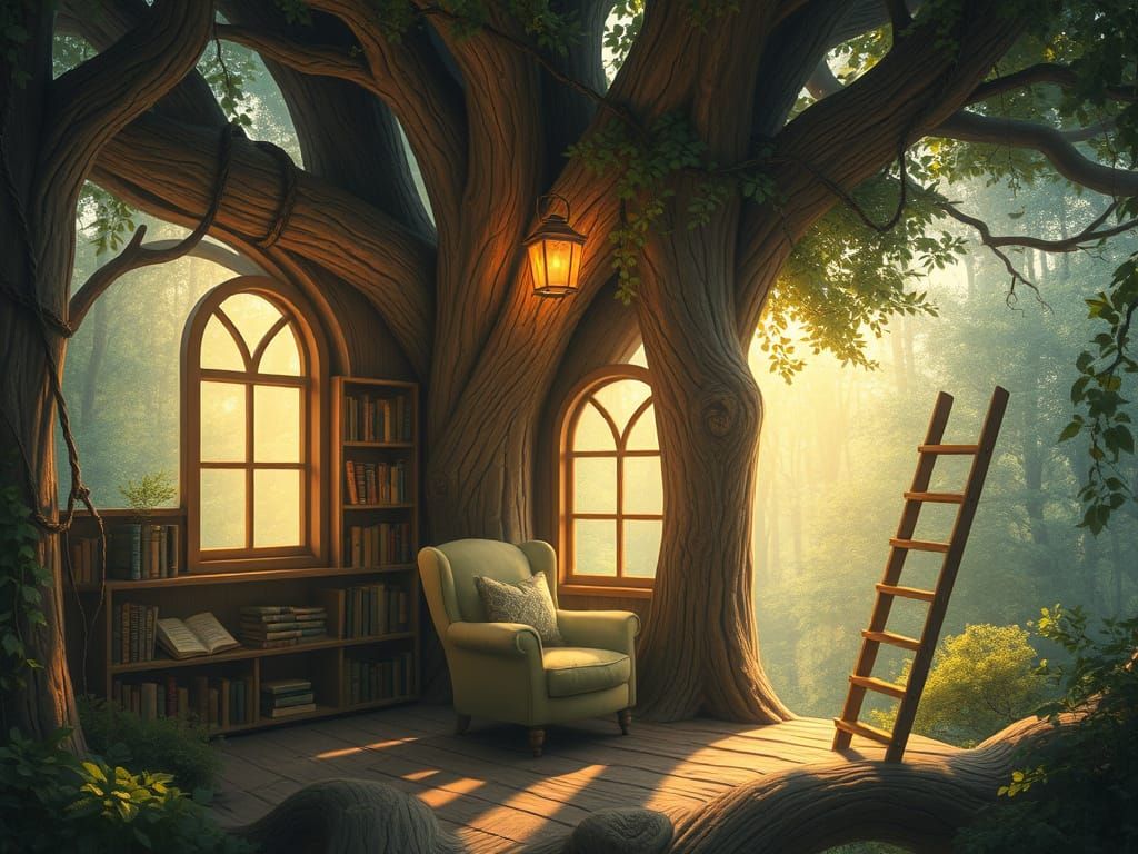 Magical Treehouse Library Bathed in Golden Light