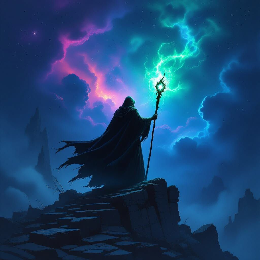 Mysterious Figure on Ancient Ruin Against Cosmic Galaxy