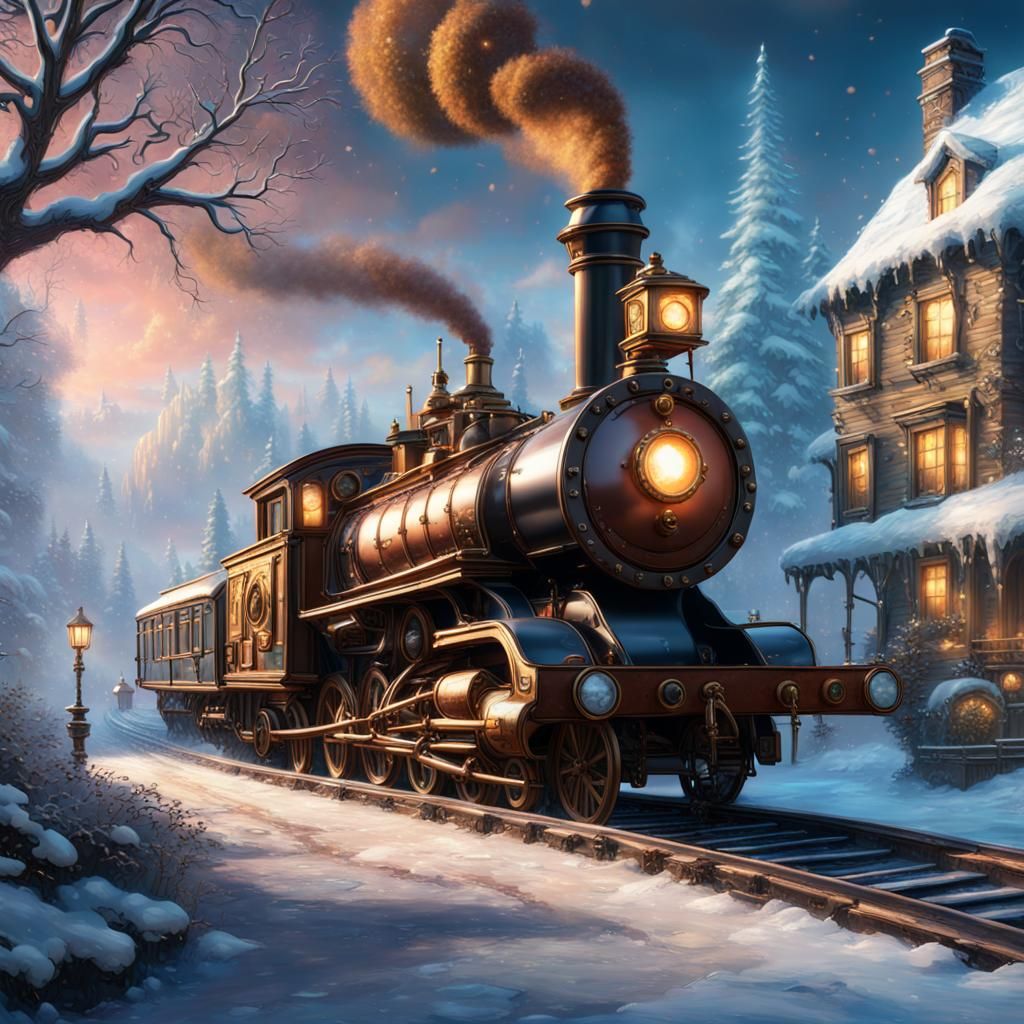 Steampunk Train in Winter Wonderland, Detailed Art