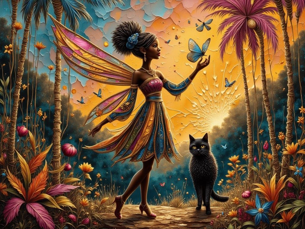 Caribbean Fairy and Cat in Magical Forest