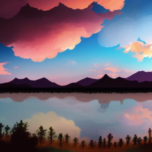 Anime Landscape: Multicolored Sky and Grazing Horses