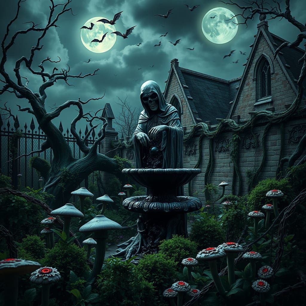 Dark Garden with Grim Reaper Fountain Statue