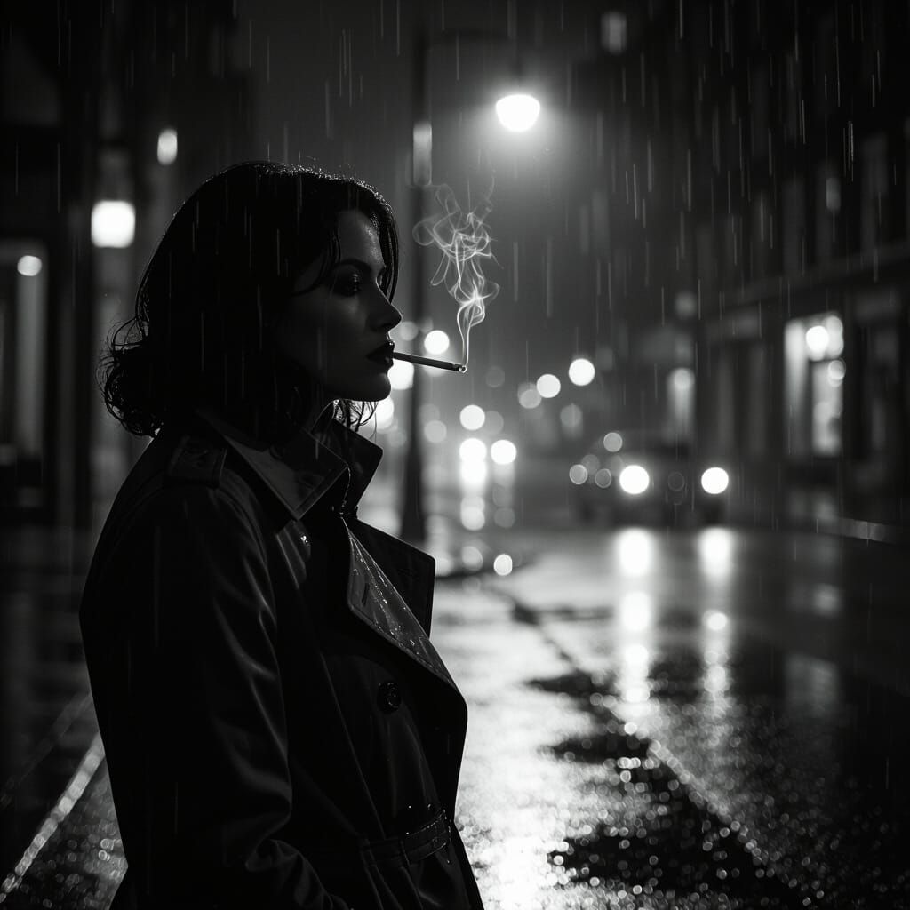 Film Noir Woman on Rainy Street at Night