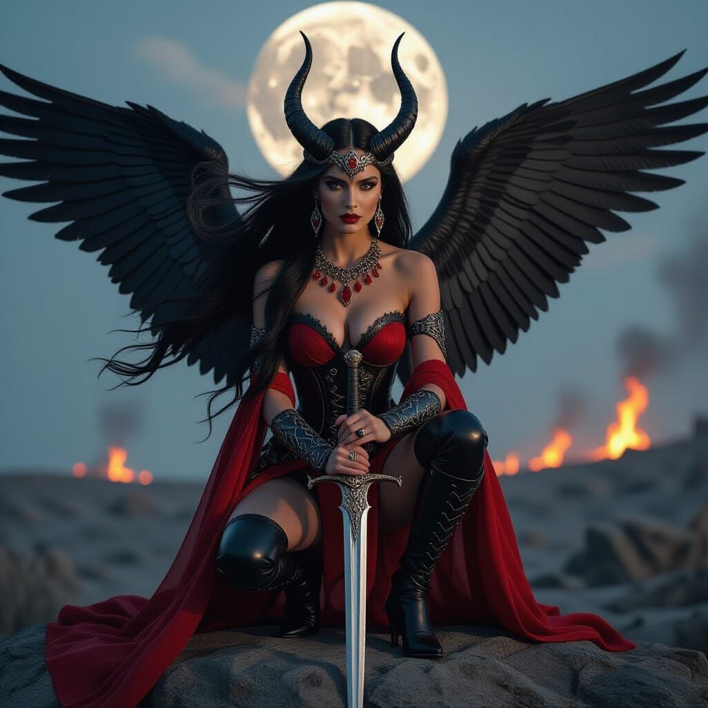 Dramatic Goddess with Sword in Burning Landscape