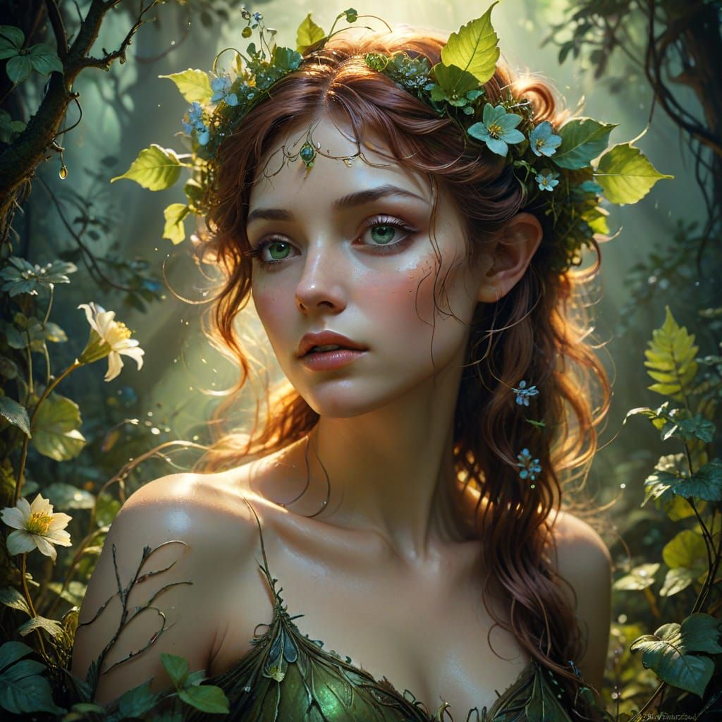 Enchanted Forest Siren in Alphonse Mucha-Inspired Art Nouvea...