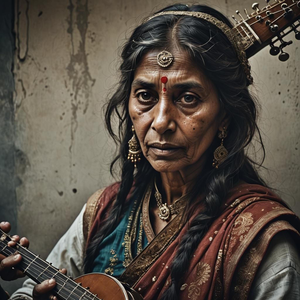 Indian Woman Plays Sitar in Ambient Light
