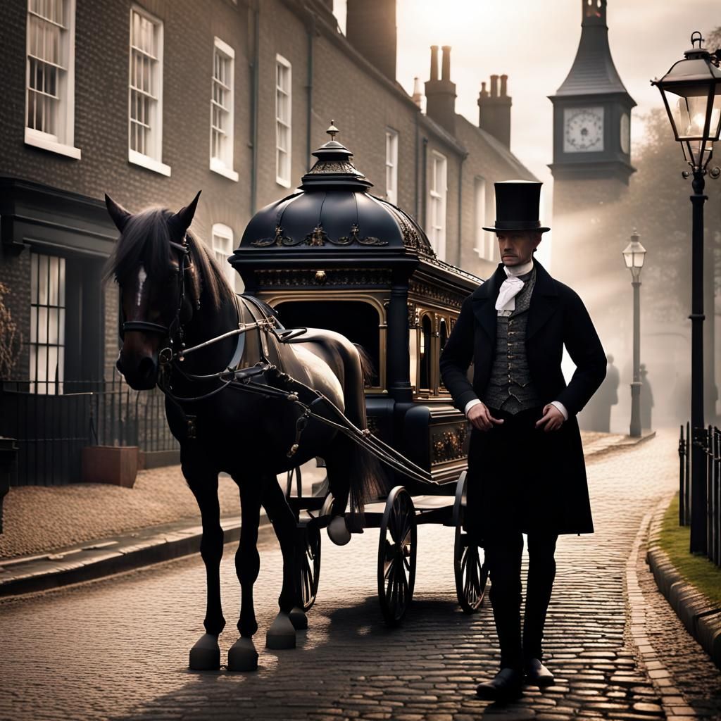An intricately designed horse drawn funeral hearse in landscape. While A distinguish detective dressed in ascot attire d...