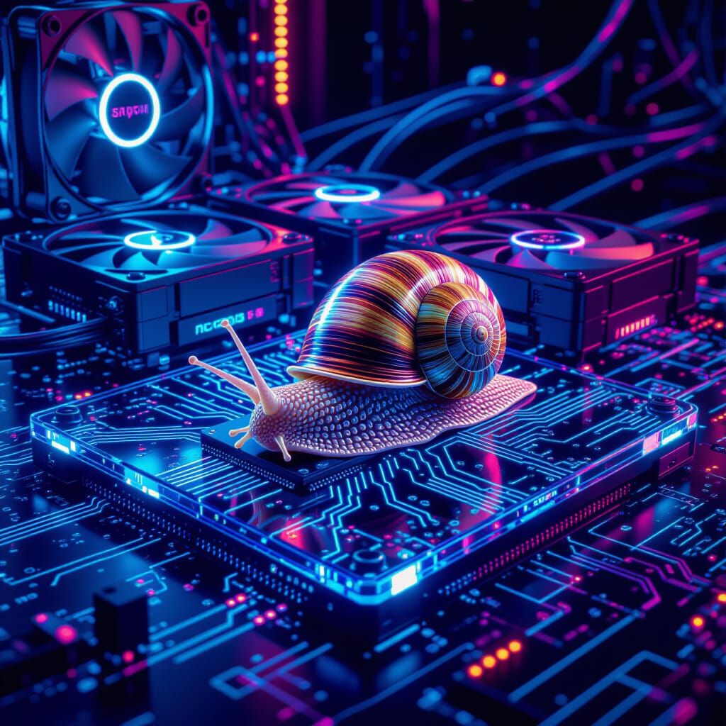 Cyberpunk Snail Crawls Across Circuit Board