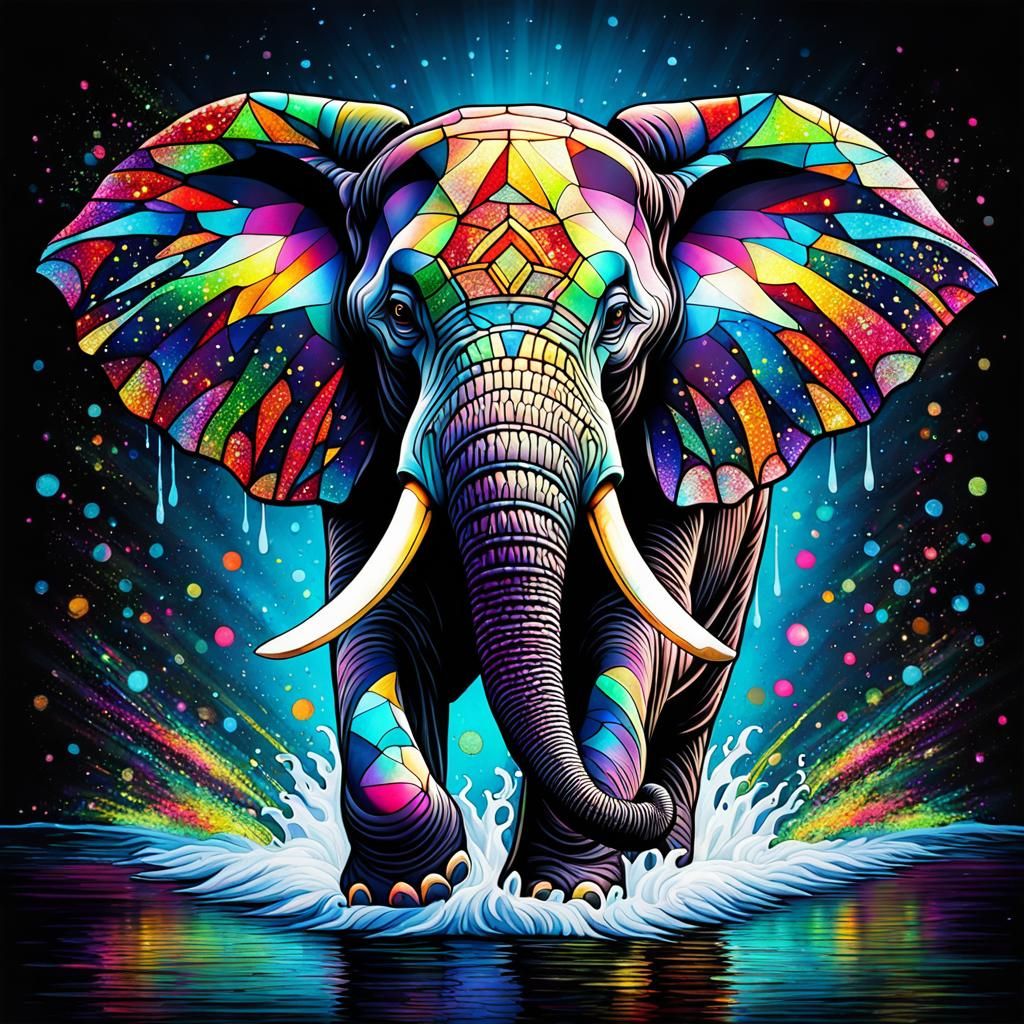 Kaleidoscopic Stained Glass Elephant Splash Art