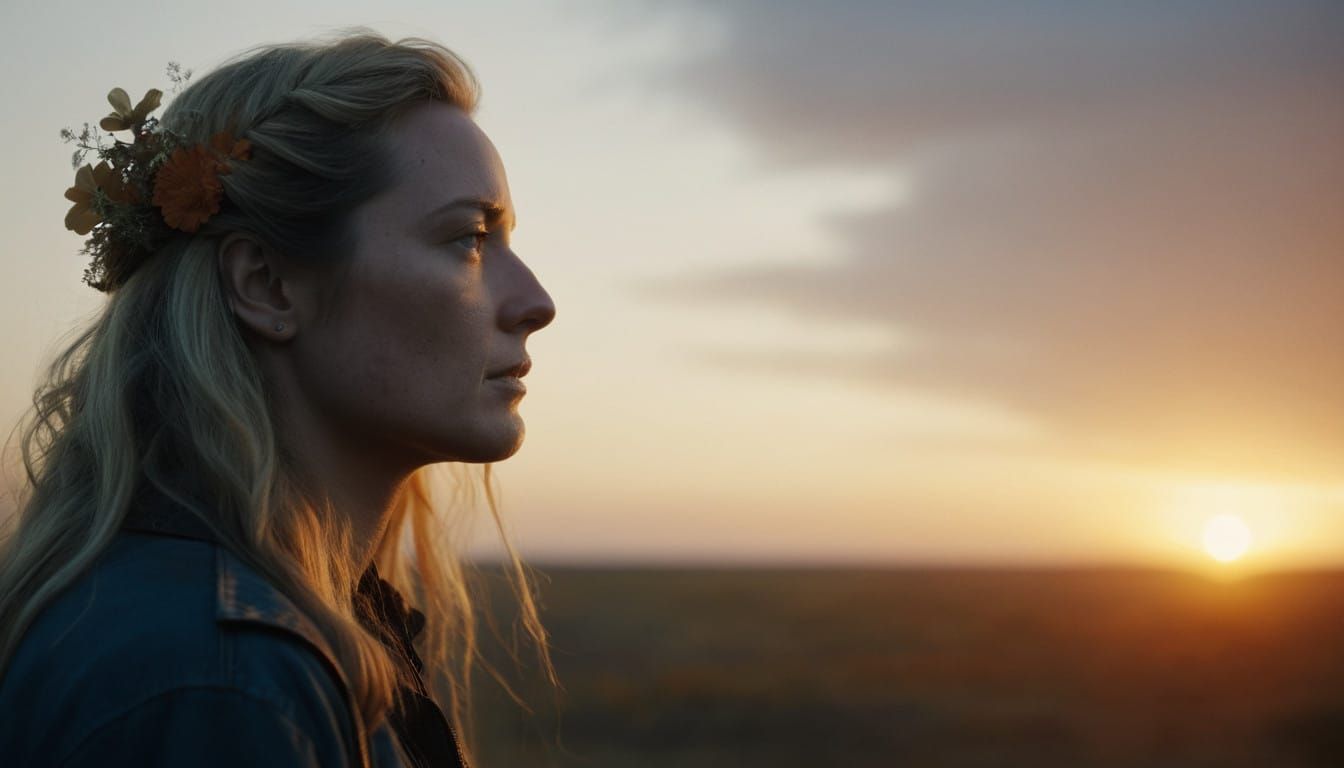 Blond Girl Embraces Sunset with Serene Beauty