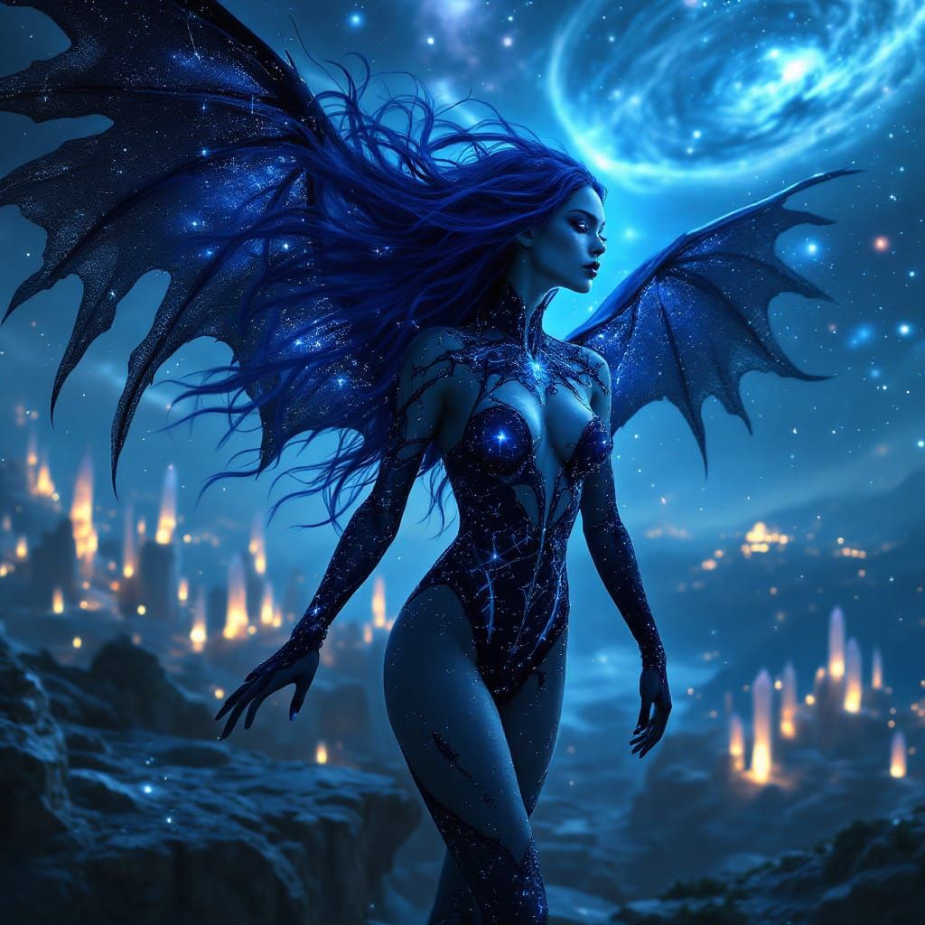 Woman with Sapphire Hair in Alien Landscape, Hyperrealism