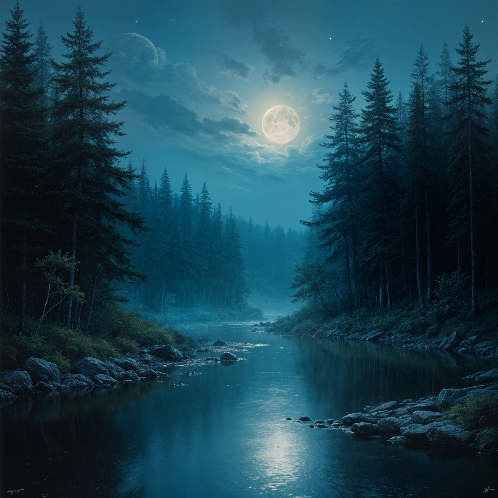 Moonlit Forest River Landscape in Dramatic High Contrast