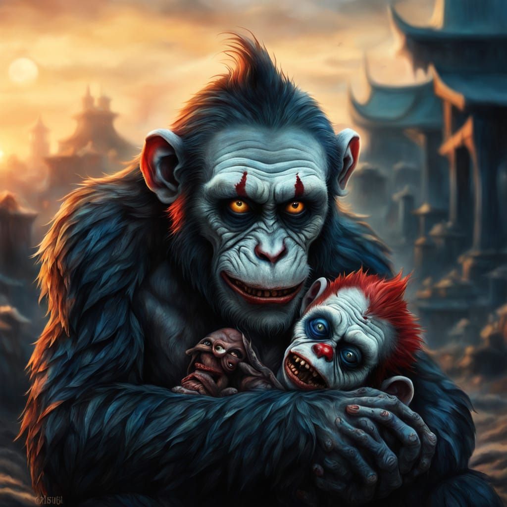 Cyberpunk-Style Zombie Monkey Monster Clown Family