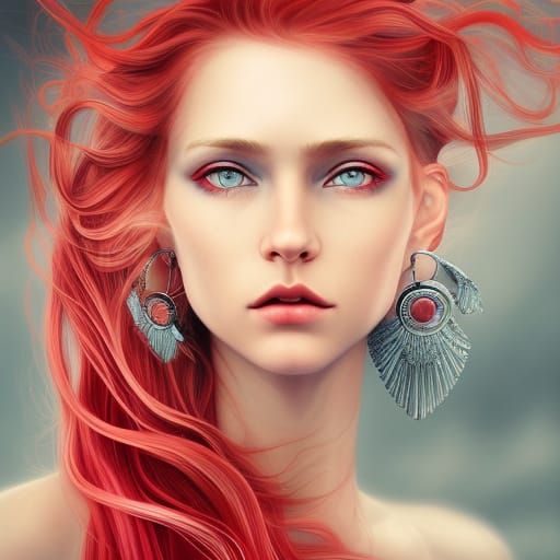 Beautiful Woman Portrait with Flowing Hair, Digital Art