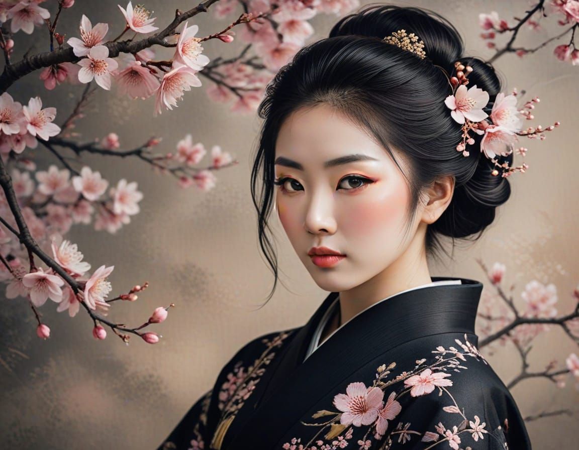 Geisha in Black Kimono: Ukiyo-e Portrait with Sakura