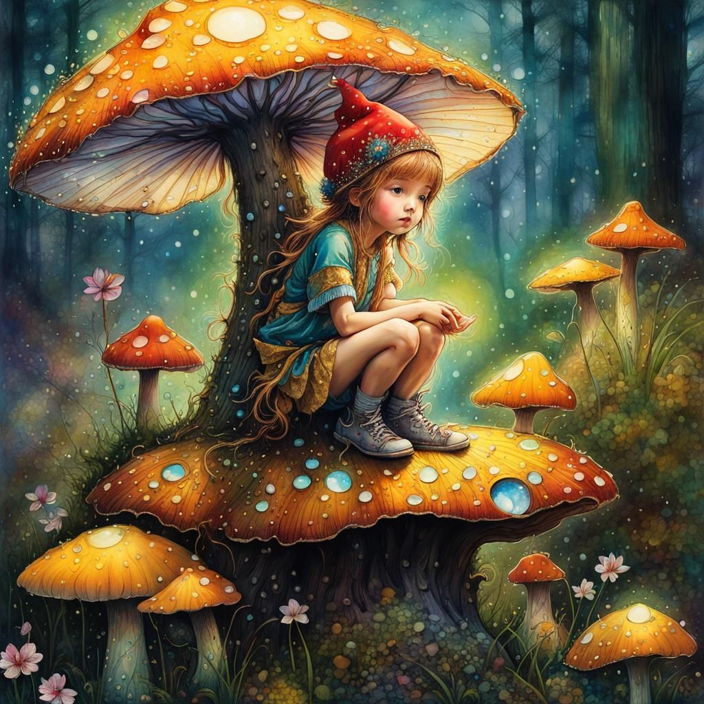Elflike figure on mushrooms