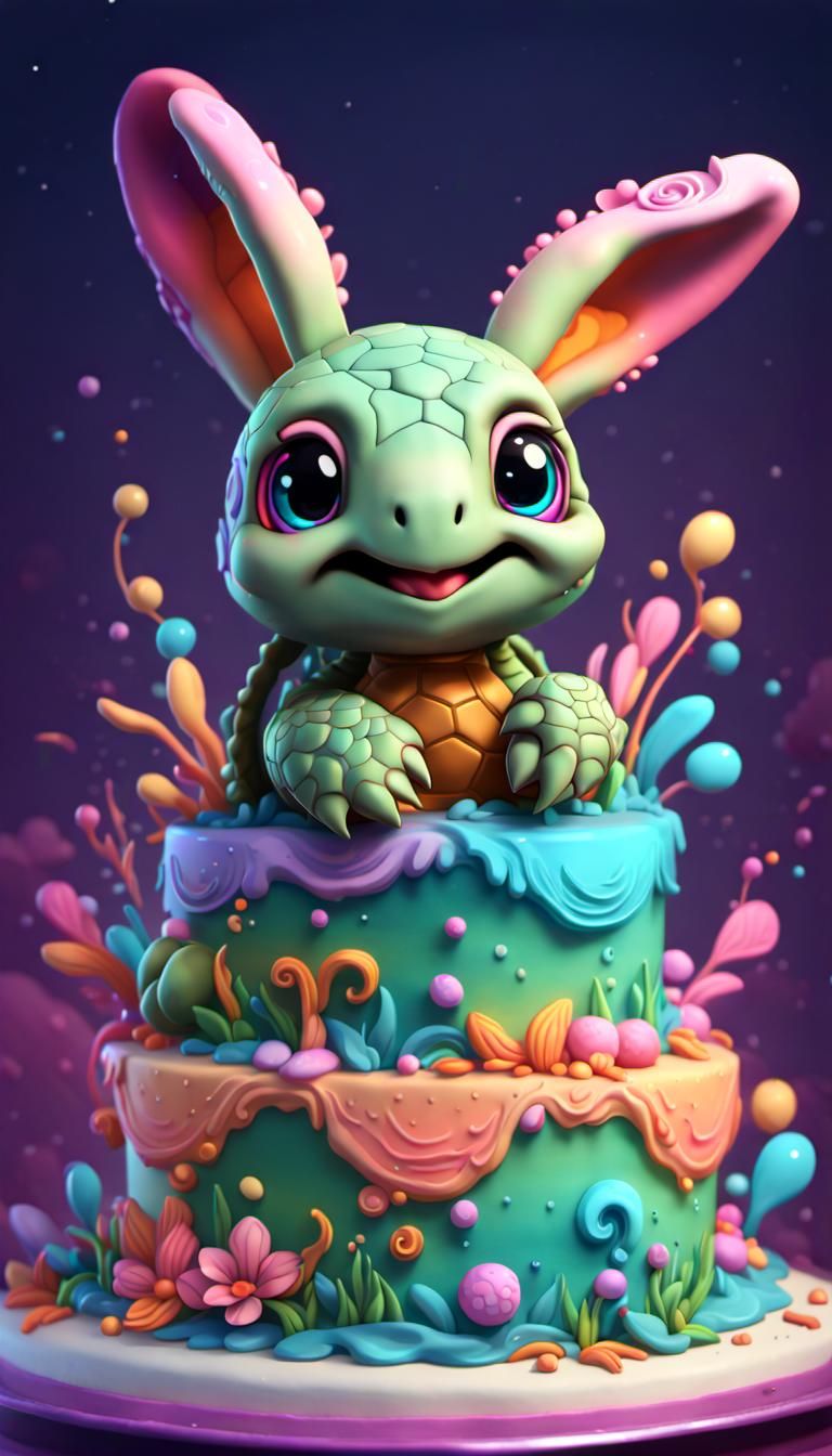 Chibi Turtle and Bunny Birthday Cake in Cutecore Style