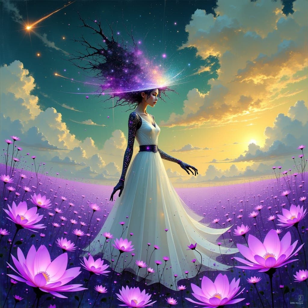 Solarpunk Woman in Alien Field with Energy Burst