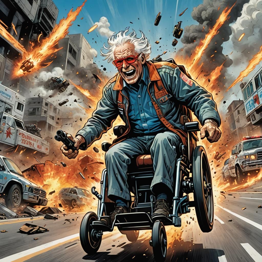 Action-Packed Old Man Wheelchair Escape Comic Art