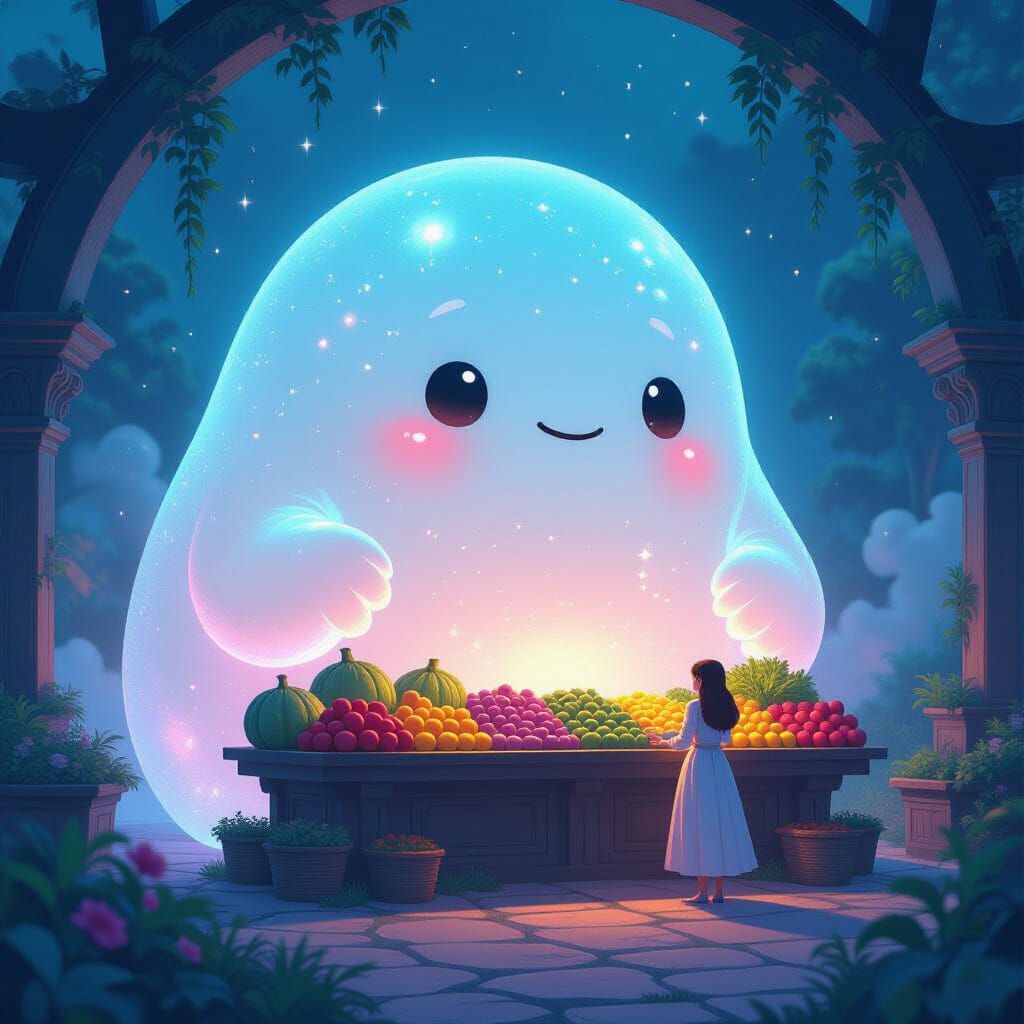 Bioluminescent Slime Creature Nurturing Cosmic Farmstand