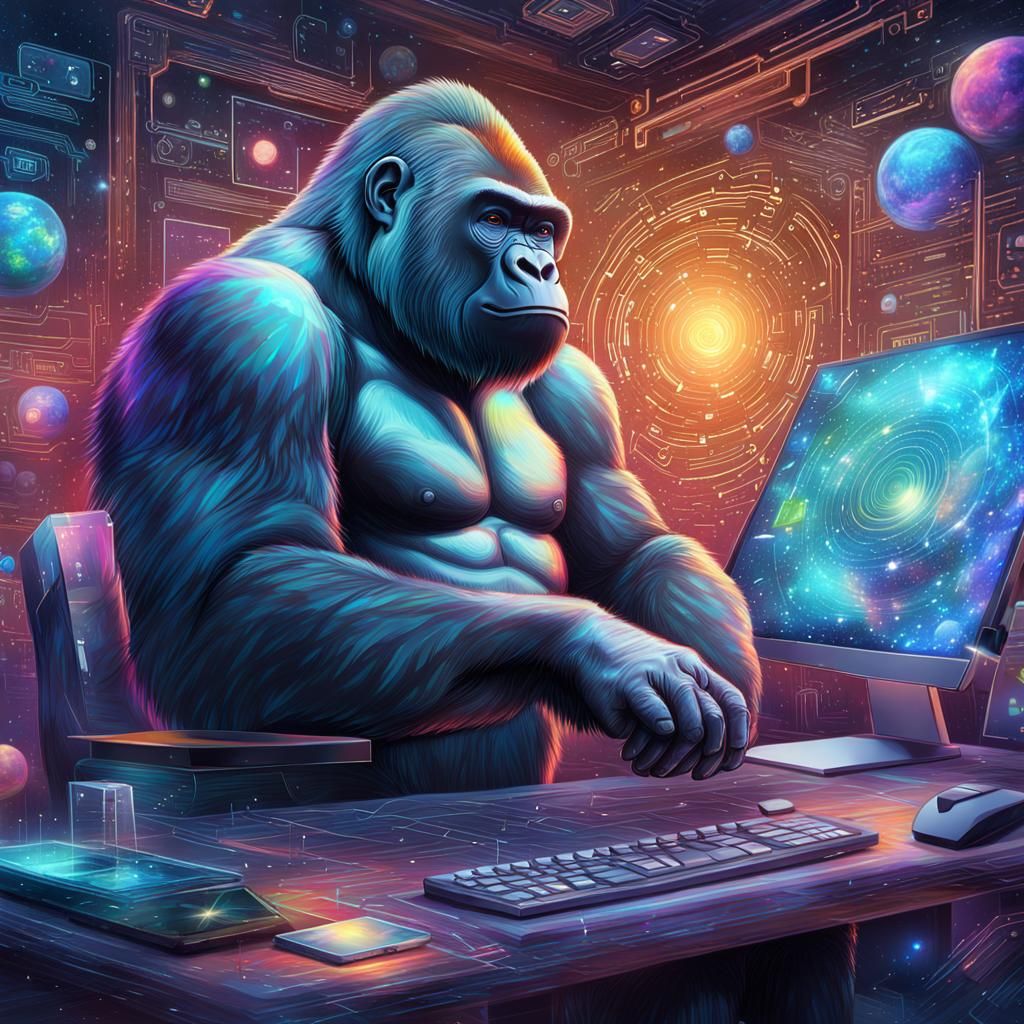 A gorilla is developing apps in his fancy office