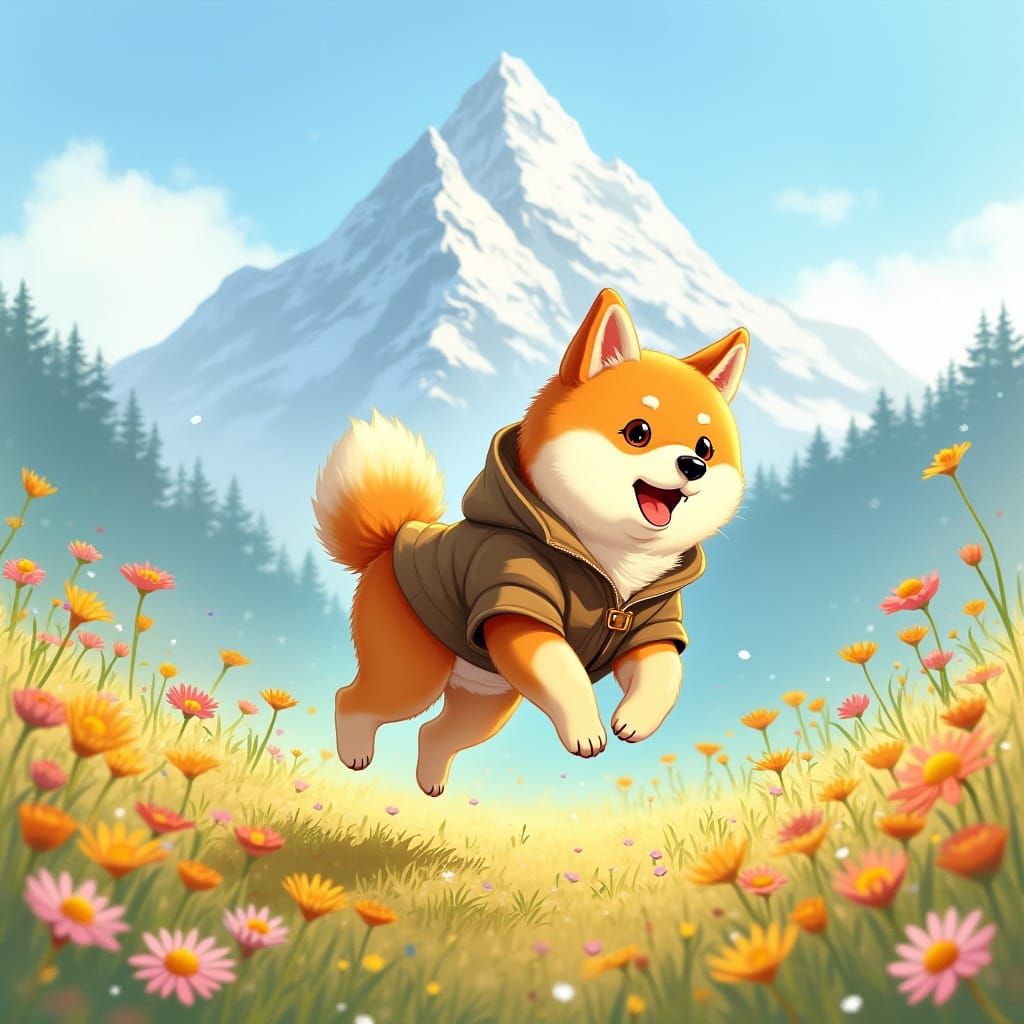 Shiba Inu Leaps Through Wildflowers: Watercolor Animation St...