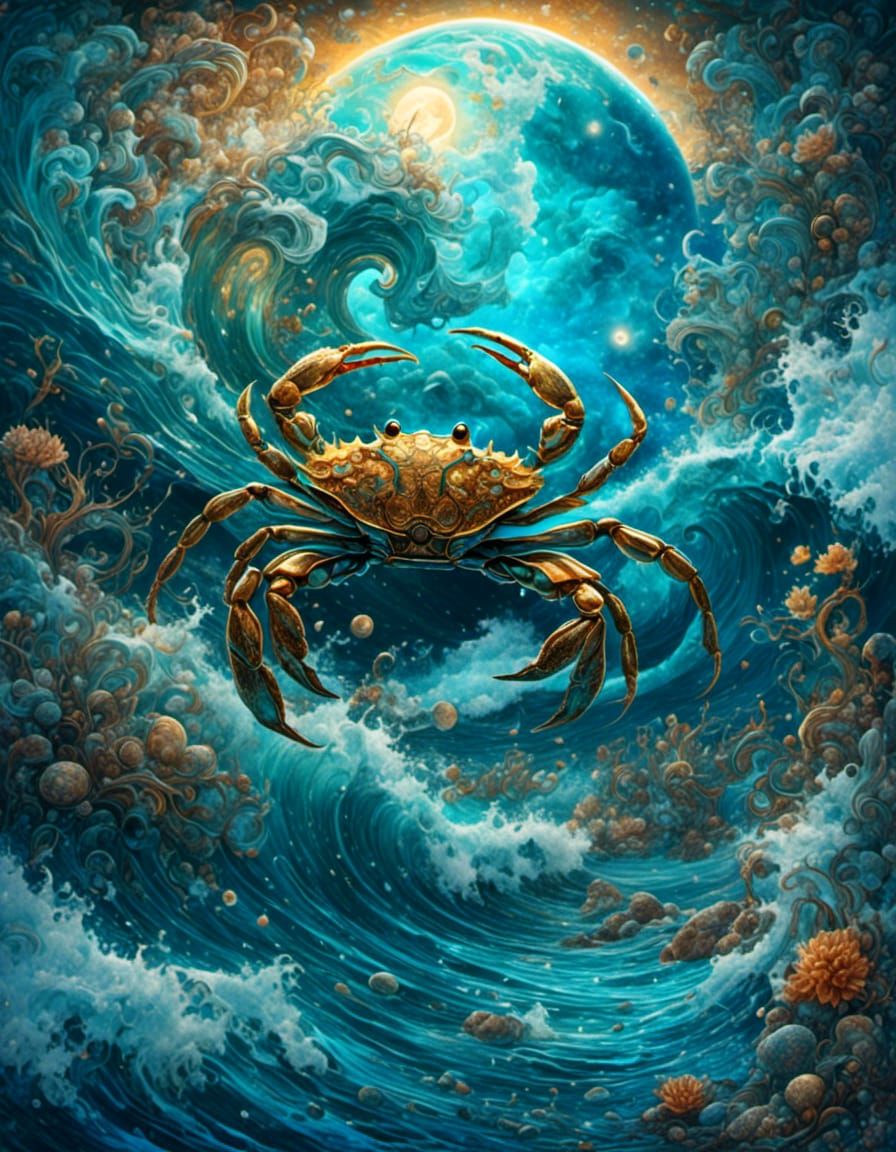 Beach Scene with Waves and Crab, Astral Illustration
